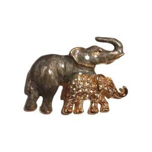 JACKIE ORR Vintage Brooch Mother & Baby Elephants Gold Tone Rhinestones Enamel